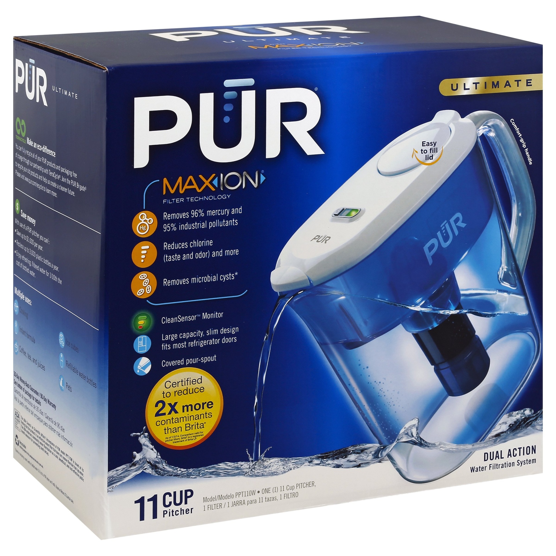 slide 1 of 4, PUR 10 Cup Flip Lid Pitcher with Filter Change Light - Classic White, 1 ct