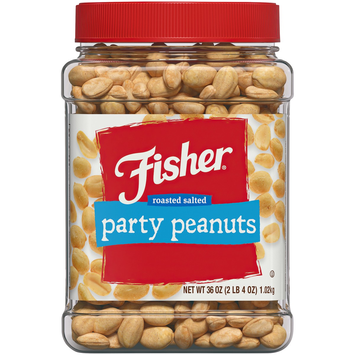 slide 10 of 14, Fisher Roasted Salted Party Peanuts 36 oz. Canister, 36 oz