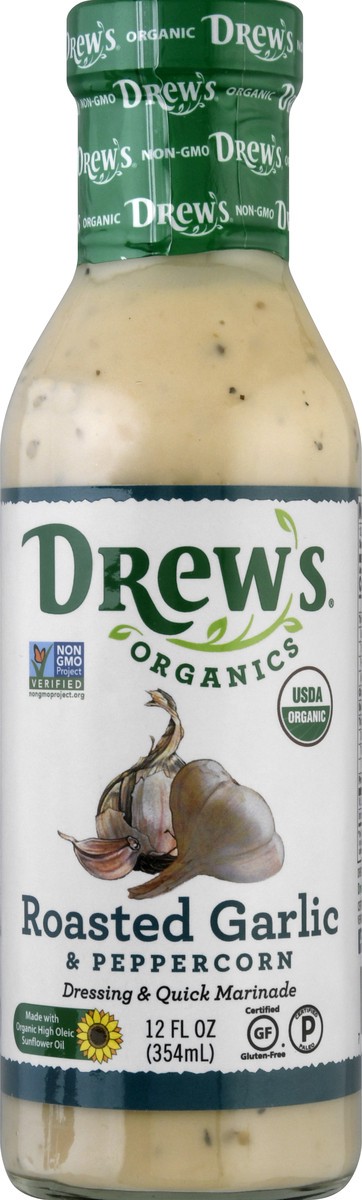 slide 1 of 13, Drew's Organics Roasted Garlic & Peppercorn Dressing & Quick Marinade 12 oz, 12 oz