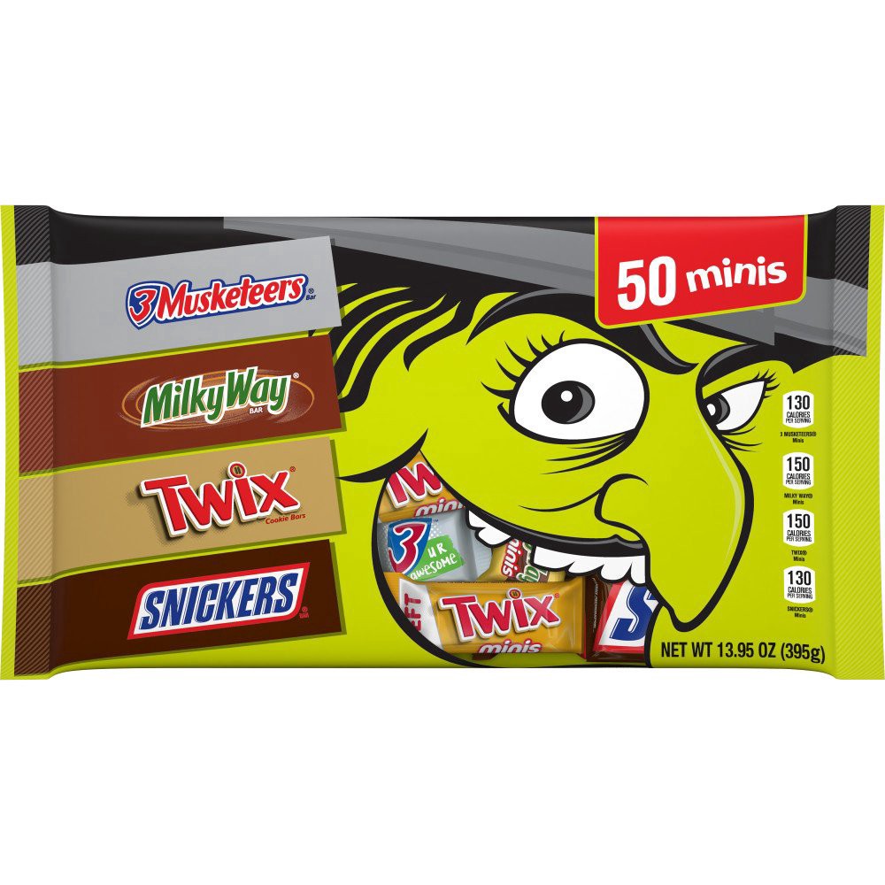 slide 1 of 1, Wrigley SNICKERS, TWIX, MILKY WAY & 3 MUSKETEERS Minis Halloween Candy, 50 Ct, 13.95 Oz Bag, 13.95 oz
