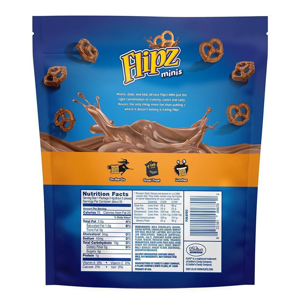 slide 2 of 2, Flipz Pretzels, Milk Chocolate Covered, Minis, Treat Bags, 12.5 oz