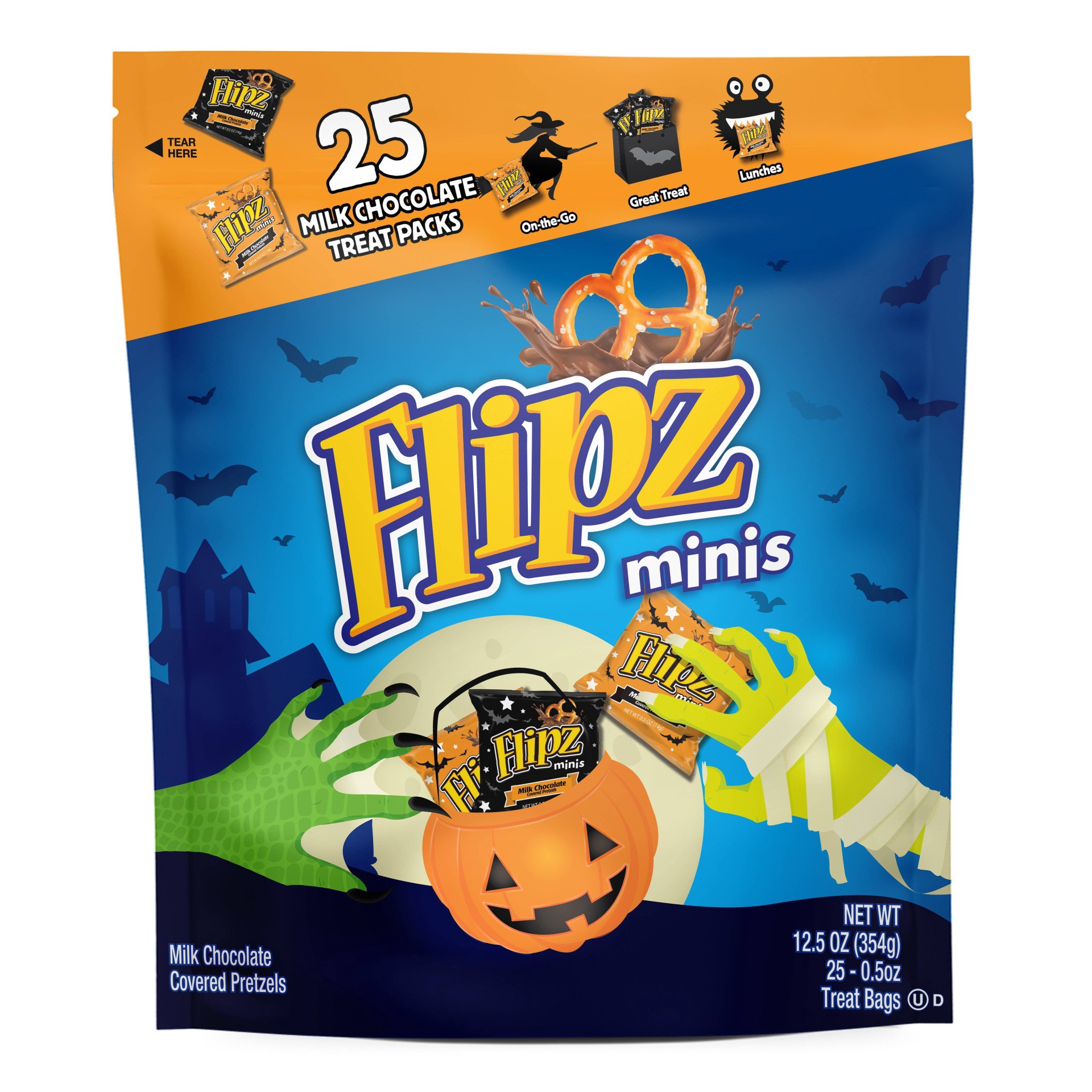 slide 1 of 2, Flipz Pretzels, Milk Chocolate Covered, Minis, Treat Bags, 12.5 oz