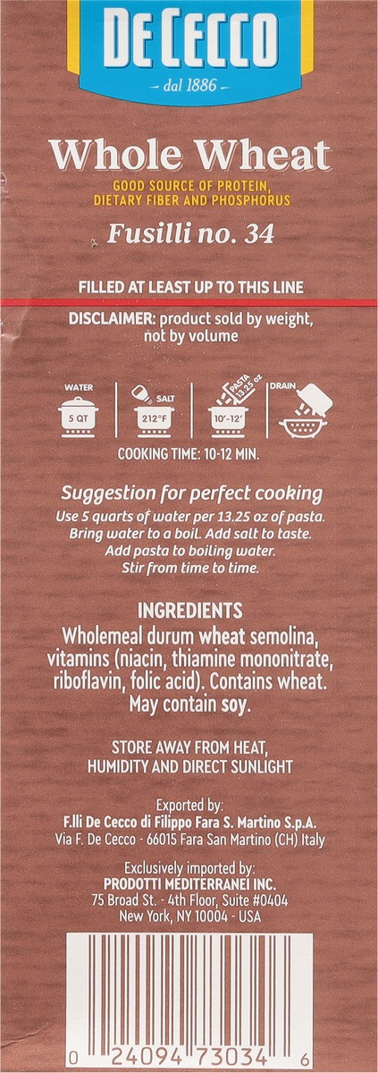 slide 9 of 13, De Cecco Whole Wheat No. 34 Fusilli 13.25 oz, 13.25 oz