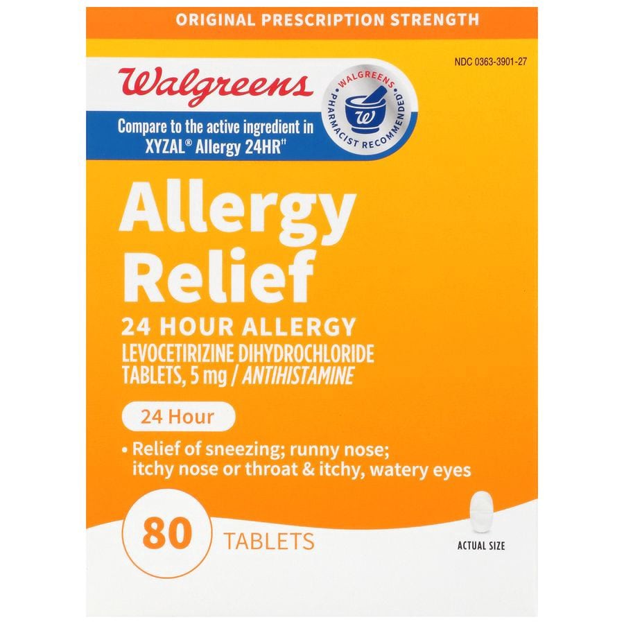slide 5 of 5, Walgreens Levocetirizine Dihydrochloride Tablets, 5 mg, All Day Allergy Relief, 80 ct