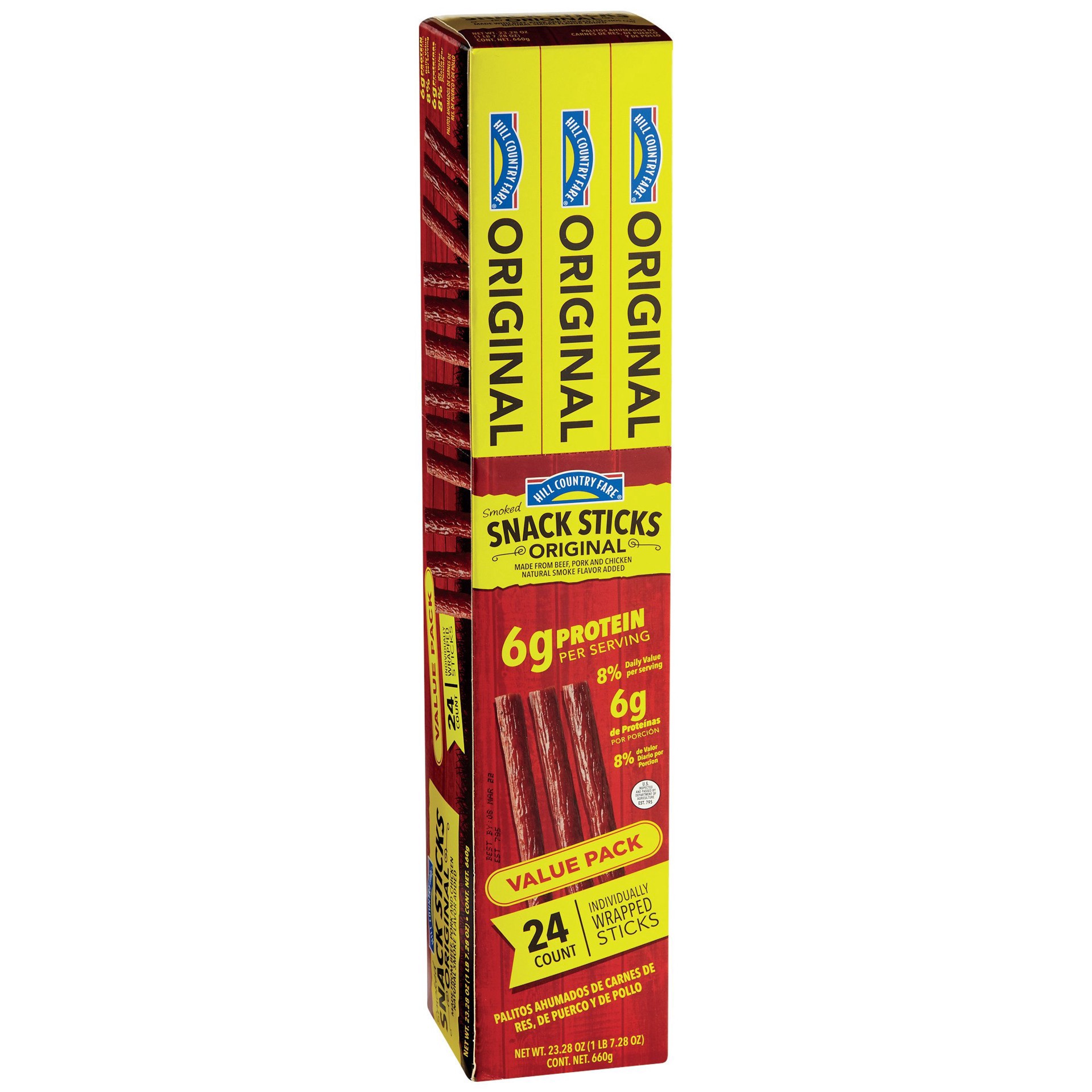 slide 1 of 1, Hill Country Fare Smoked Original Meat Snack Sticks, 24 ct