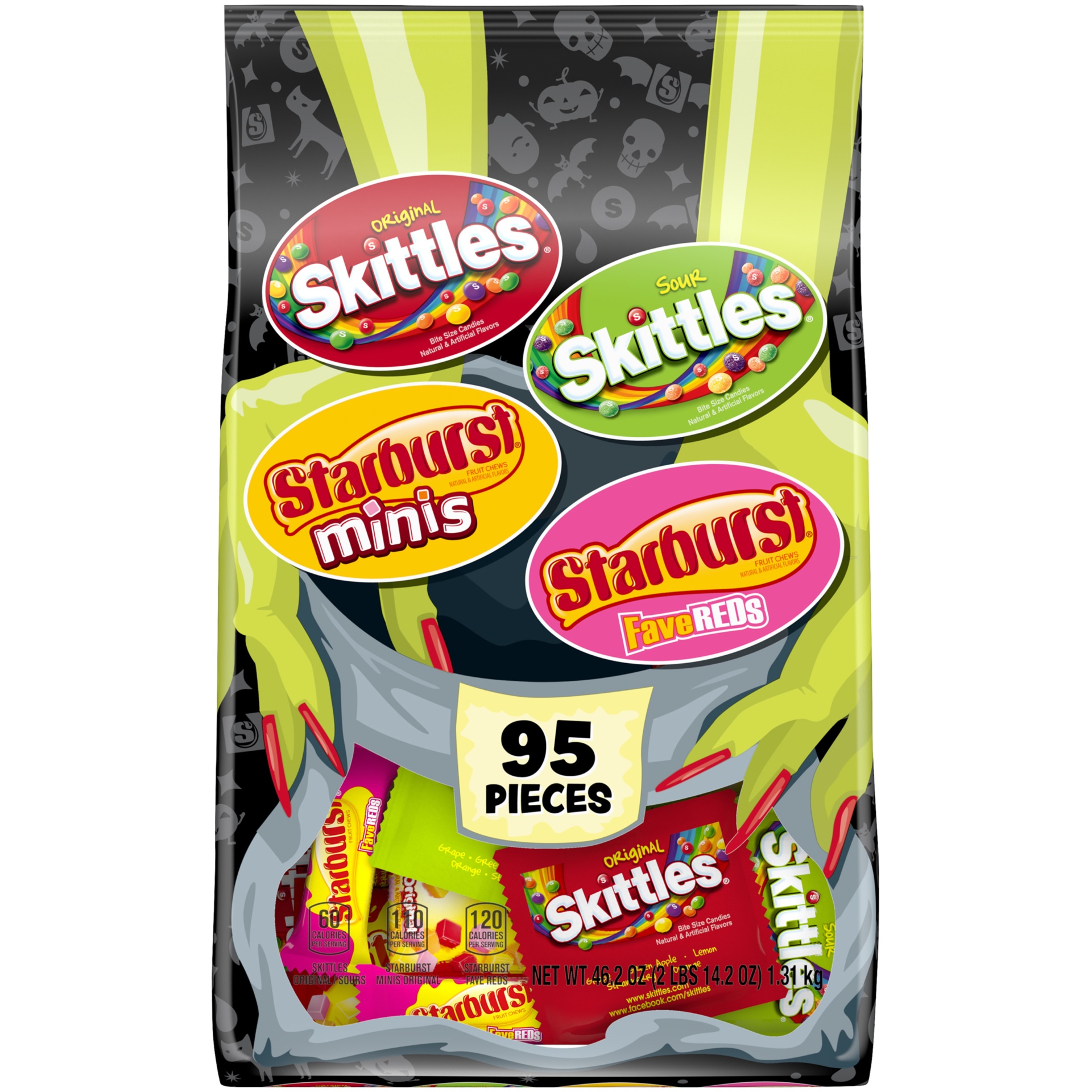 slide 1 of 1, Mixed Skittles and Starburst Halloween Candy Bag, 95 Fun Size Pieces, 46 oz