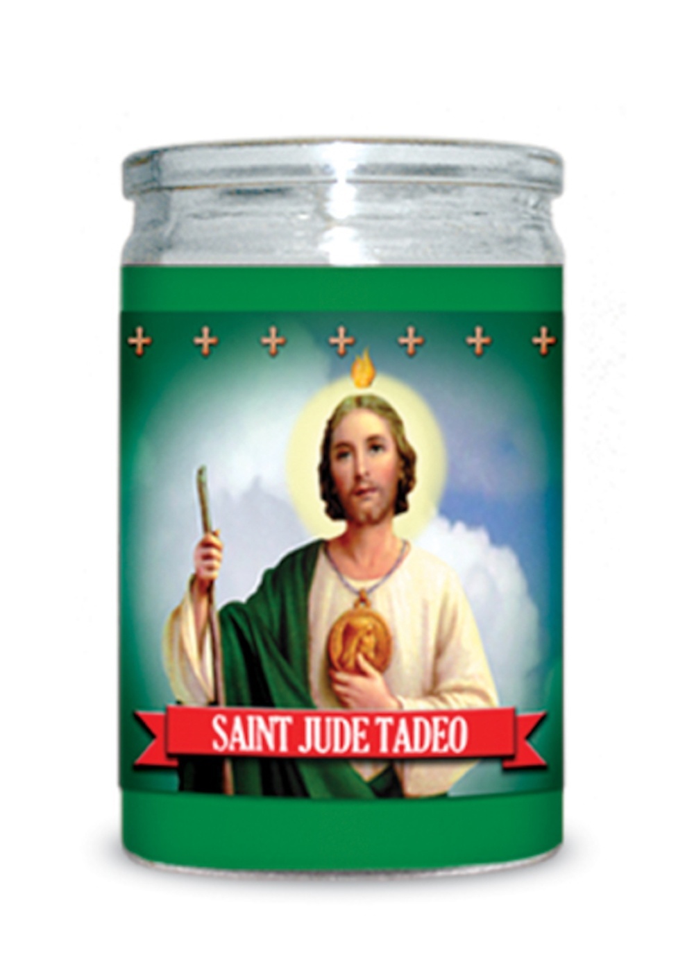 slide 1 of 1, St. Jude White Green Wax Candle, 4.5 oz; 3.5 in