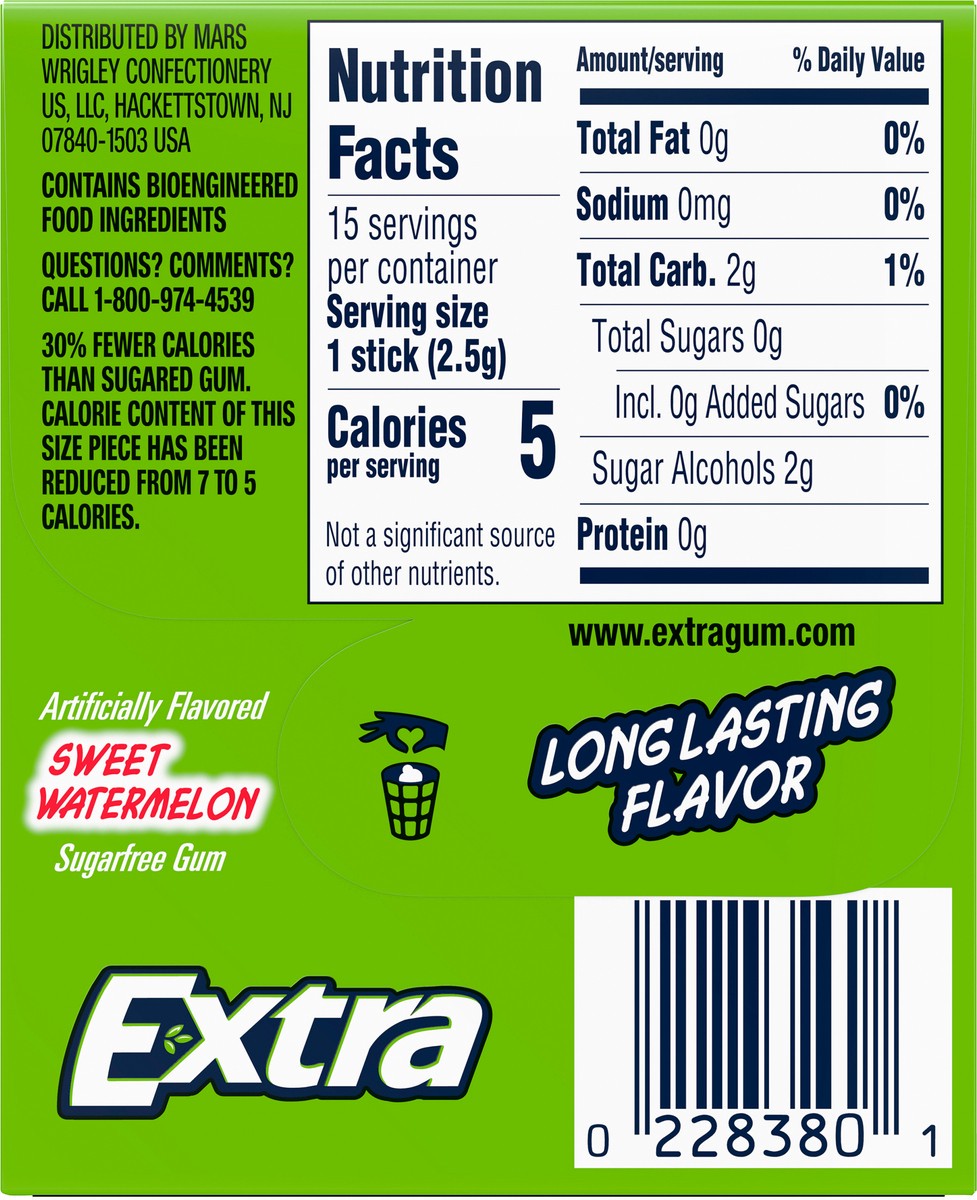 slide 6 of 9, Extra Gum Sweet Watermelon Sugar Free Chewing Gum, Single Pack, 15 Stick, 