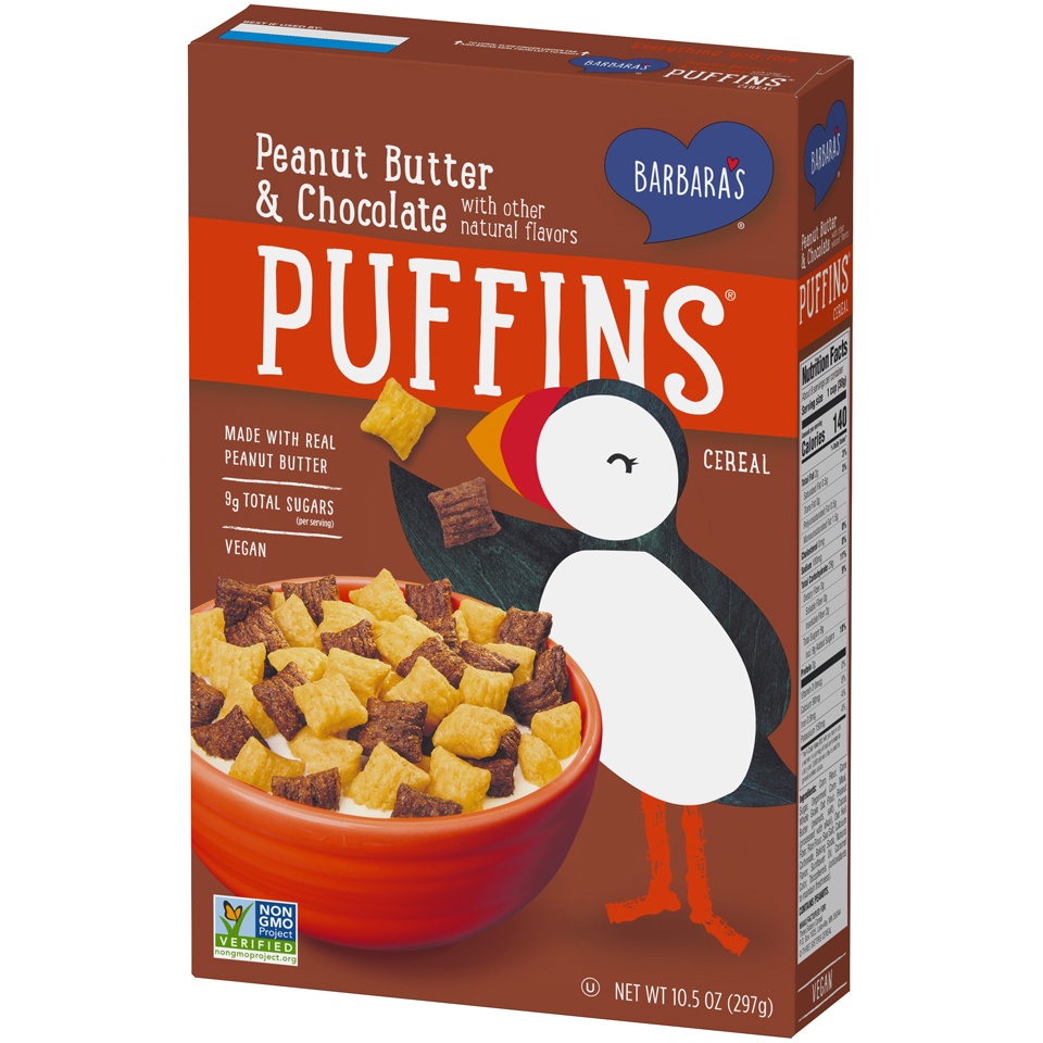 slide 3 of 8, Barbara's Peanut Butter and Chocolate Puffins Cereal, 10.5 oz