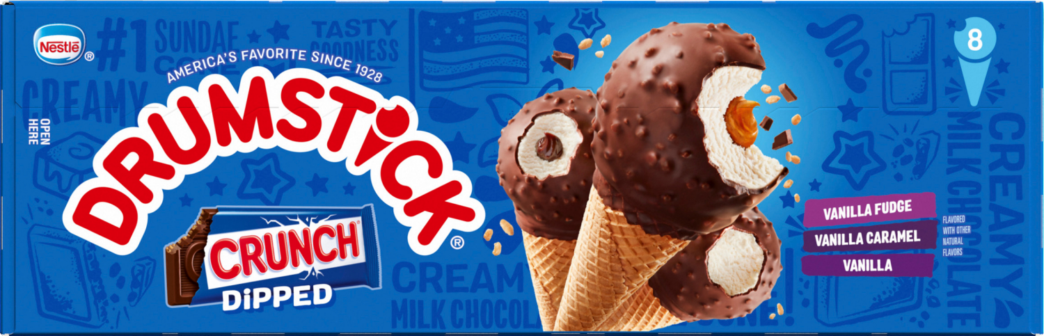 slide 4 of 4, Drumstick Crunch Dipped Vanilla, Vanilla Caramel and Vanilla Fudge Cones, 8 Count, 8 ct
