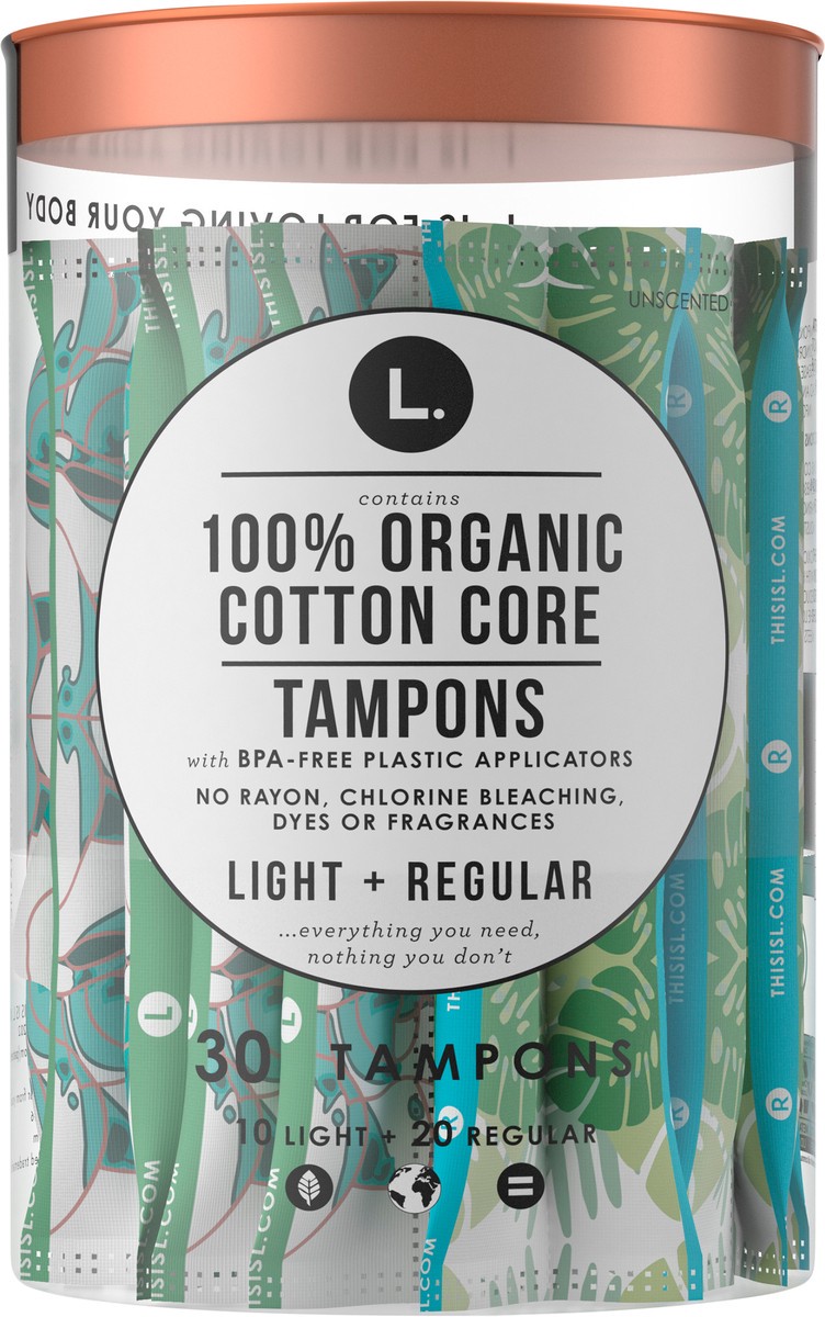 slide 2 of 2, L. Cotton Tampons Light/Regular Absorbency Multipack, Free from Chlorine Bleaching, Pesticides, Fragrances, or Dyes, 30 Count, 30 ct