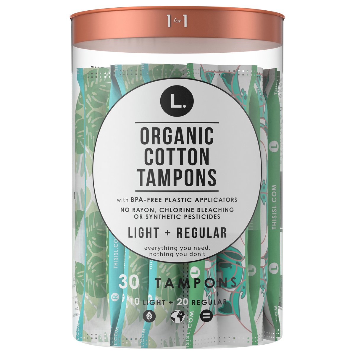 slide 6 of 6, L. Organic Cotton Tampons Light/Regular Absorbency Duo Pack, Free from Chlorine Bleaching, Pesticides, Fragrances, or Dyes, BPA-free Plastic Applicator, 30 Count, 30 ct