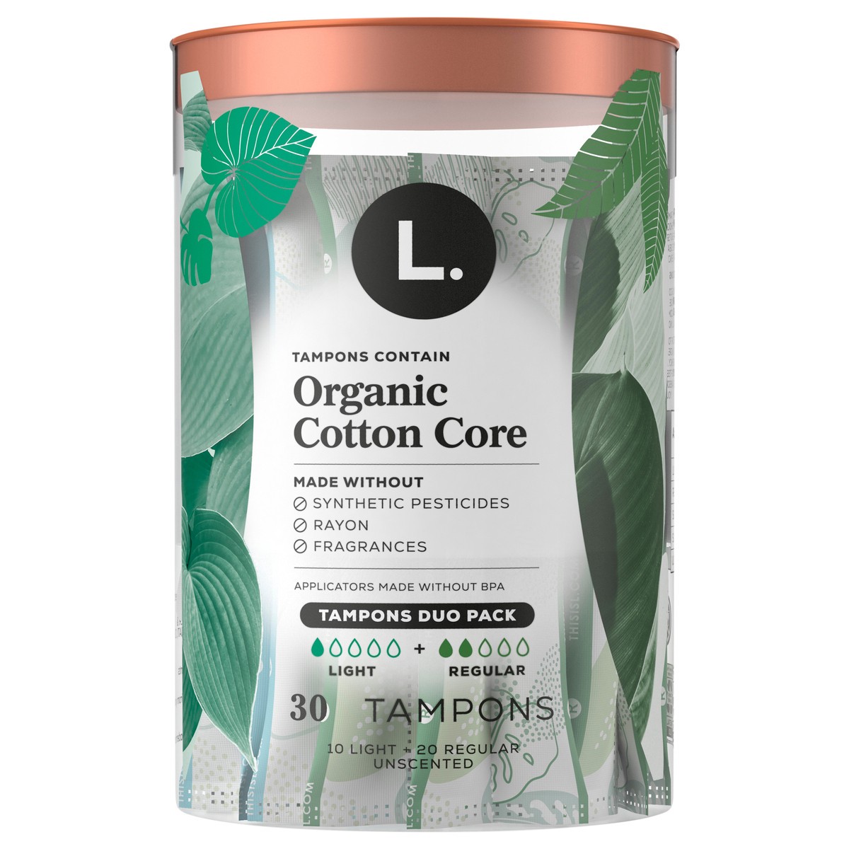 slide 1 of 2, L. Cotton Tampons Light/Regular Absorbency Multipack, Contains an Organic Cotton Core, Made Without Synthetic Pesticides, or Fragrances 30 Count, 30 ct
