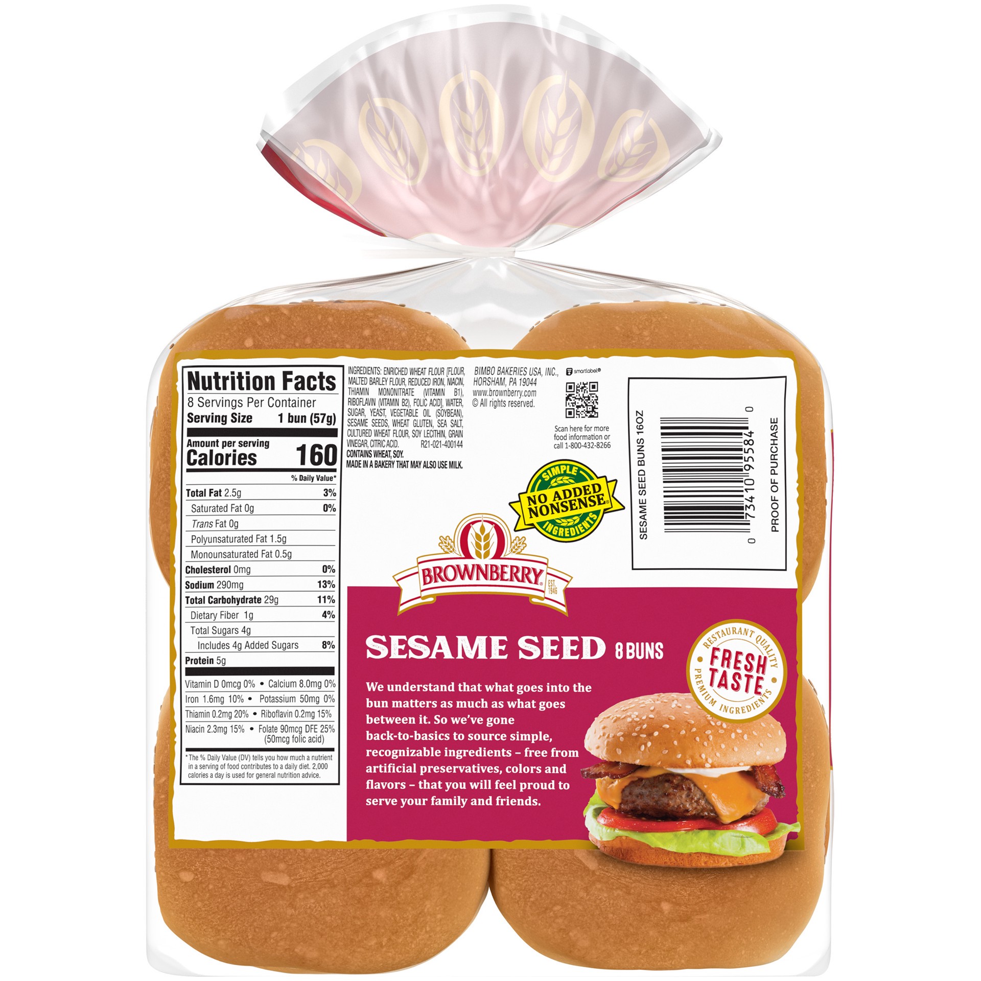 slide 5 of 5, Brownberry Sesame Seed Buns, 8 count, White Hamburger Buns, 16 oz Bag, 8 ct