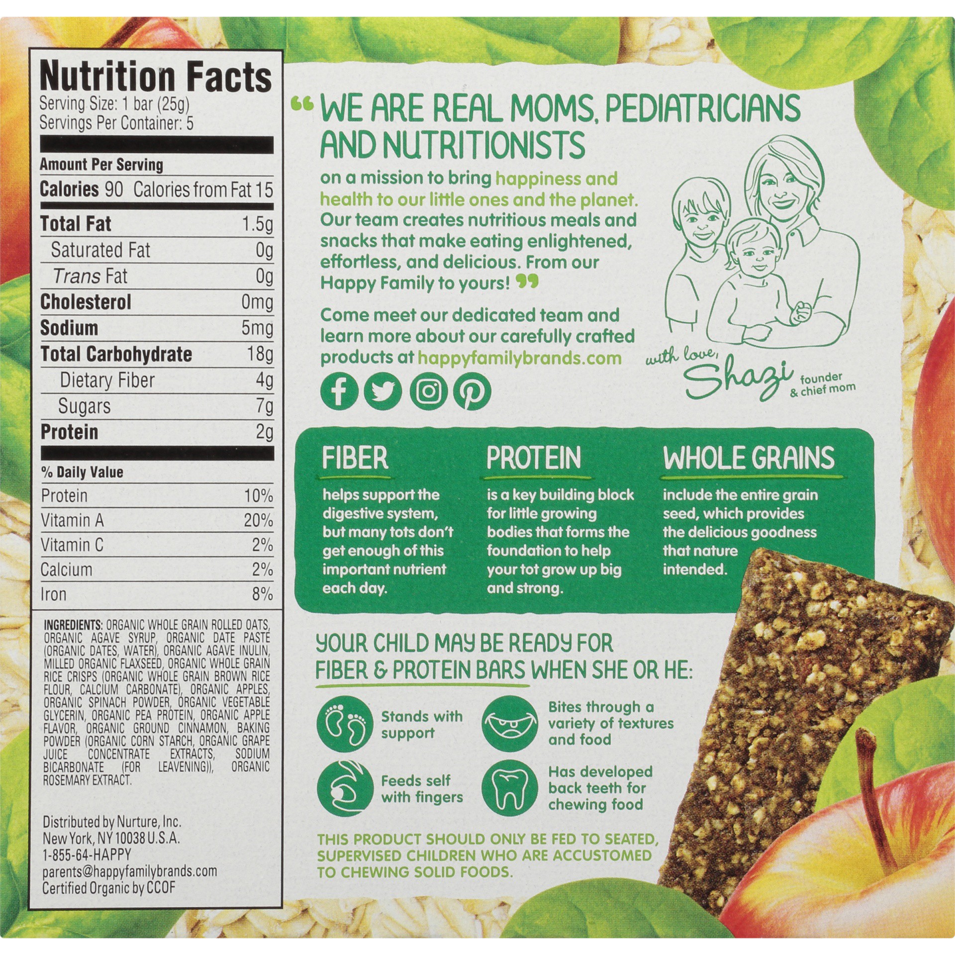 slide 8 of 8, Happy Tot Organics Fiber & Protein Gluten Free Oat Bar Organic Apples & Spinach 5-0.88 oz Bars UNIT, 4.4 oz