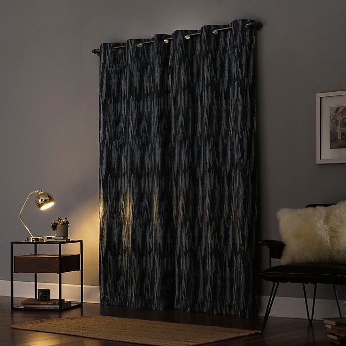 slide 2 of 8, Sun Zero Ursa Cascading Ikat Extreme Blackout Grommet Panel - Navy (Single), 84 in