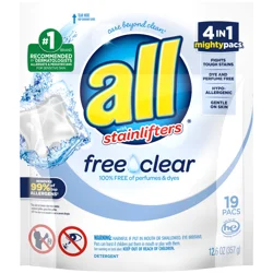 All Unit Dose Laundry Detergent, Mighty Pacs, Free Clear, 19 Count
