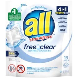 All Unit Dose Laundry Detergent, Mighty Pacs, Free Clear, 19 Count