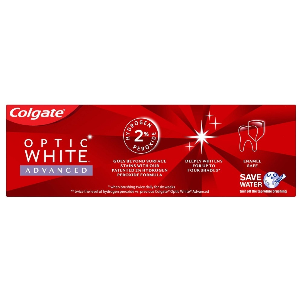 slide 5 of 5, Colgate Optic White Advanced Whitening Toothpaste with Fluoride 2% Hydrogen Peroxide - Sparkling White - 3.2oz, 3.2 oz