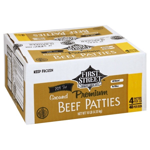 slide 1 of 1, First Street Ground Beef Patties 80% Lean, 10 lb