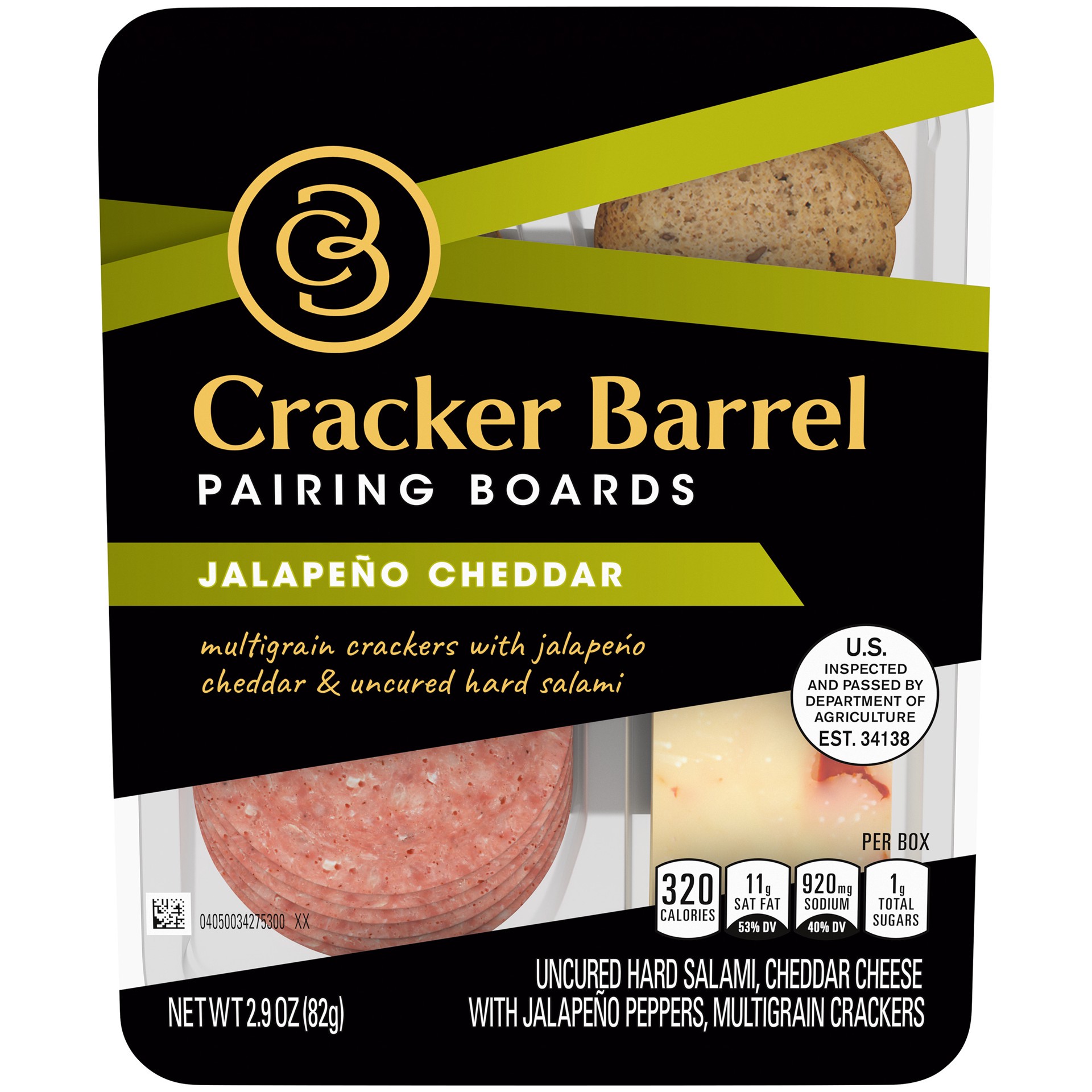 slide 1 of 11, Cracker Barrel Pairing Boards with Jalapeno White Cheddar Cheese, Uncured Hard Salami & Multigrain Crackers, 2.9 oz Tray, 2.9 oz