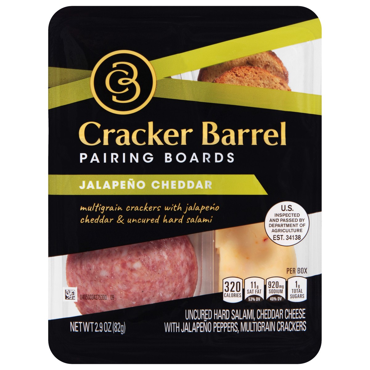 slide 10 of 11, Cracker Barrel Pairing Boards with Jalapeno White Cheddar Cheese, Uncured Hard Salami & Multigrain Crackers, 2.9 oz Tray, 2.9 oz