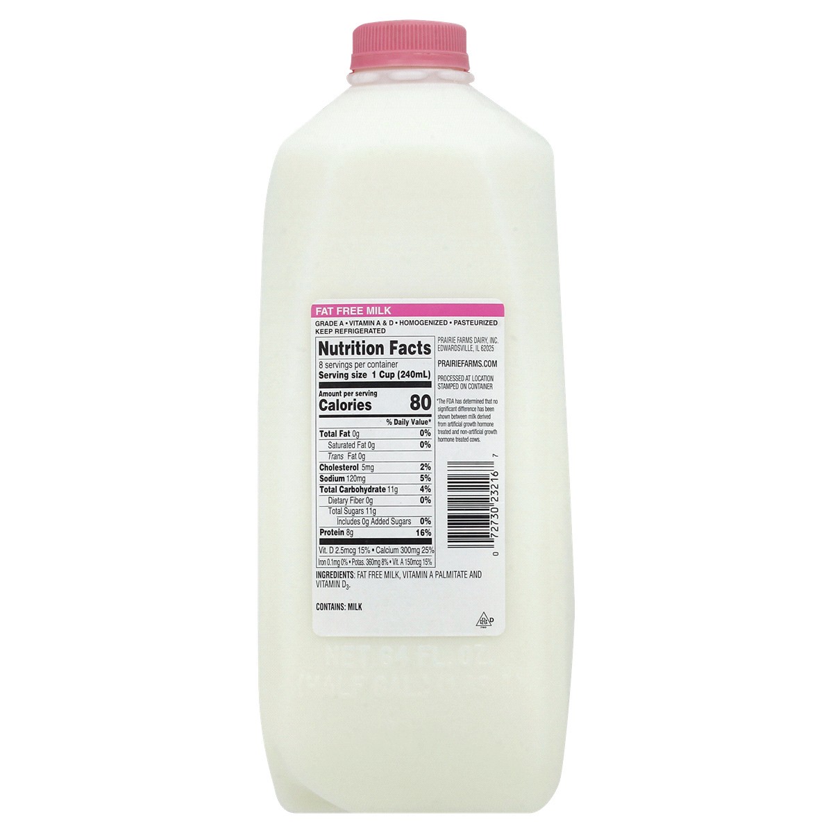 slide 2 of 2, Prairie Farms Fat Free Milk 0.5 gl Jug, 1/2 gal