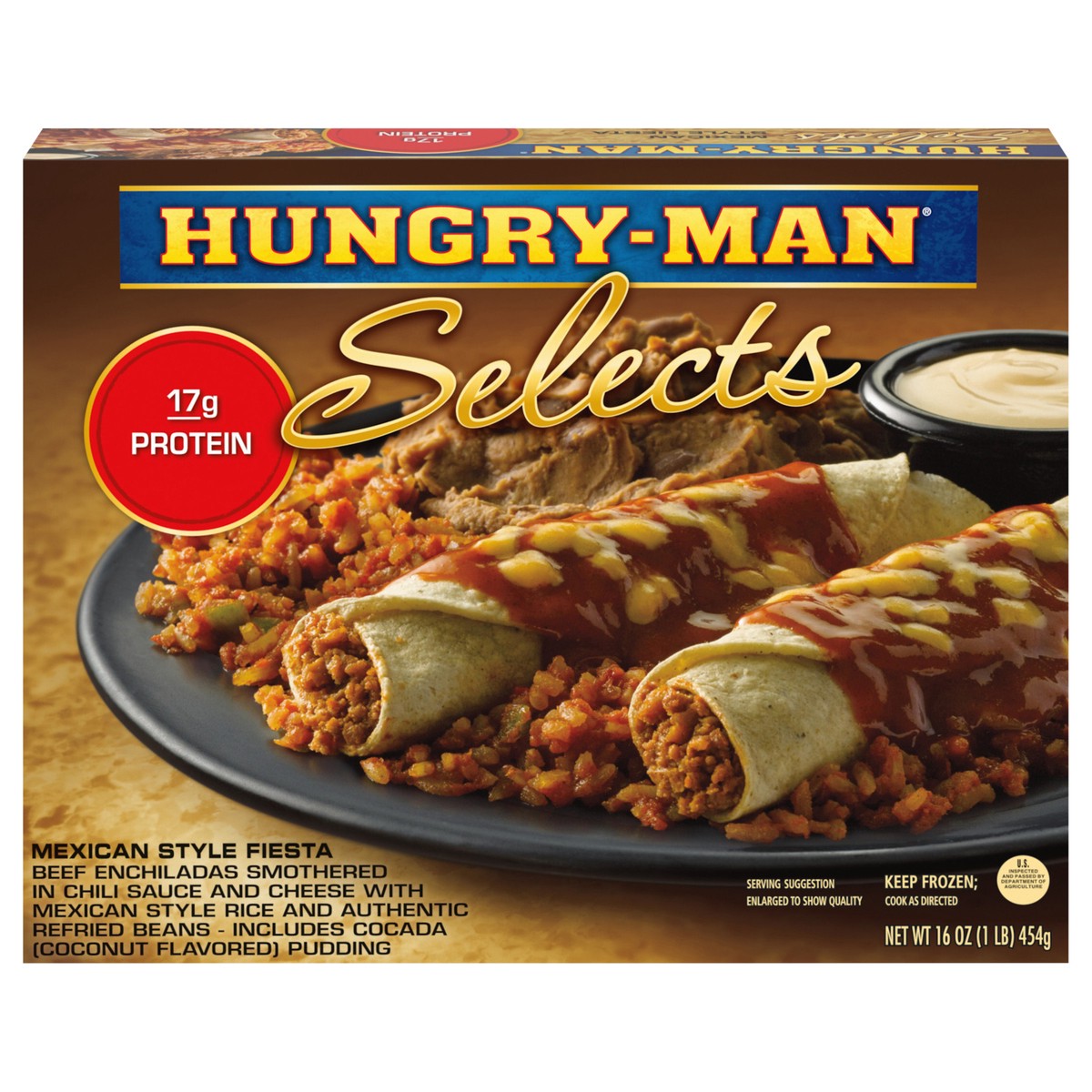 slide 1 of 9, Hungry-Man Selects Mexican Style Fiesta Beef Enchiladas, Frozen Meal, 16 oz, 16 oz