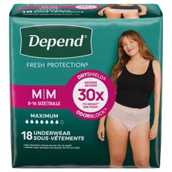 Depend Fresh Protection Adult Incontinence & Postpartum Bladder Leak Underwear for Women, Disposable, Maximum, Medium, Blush, 18 Count