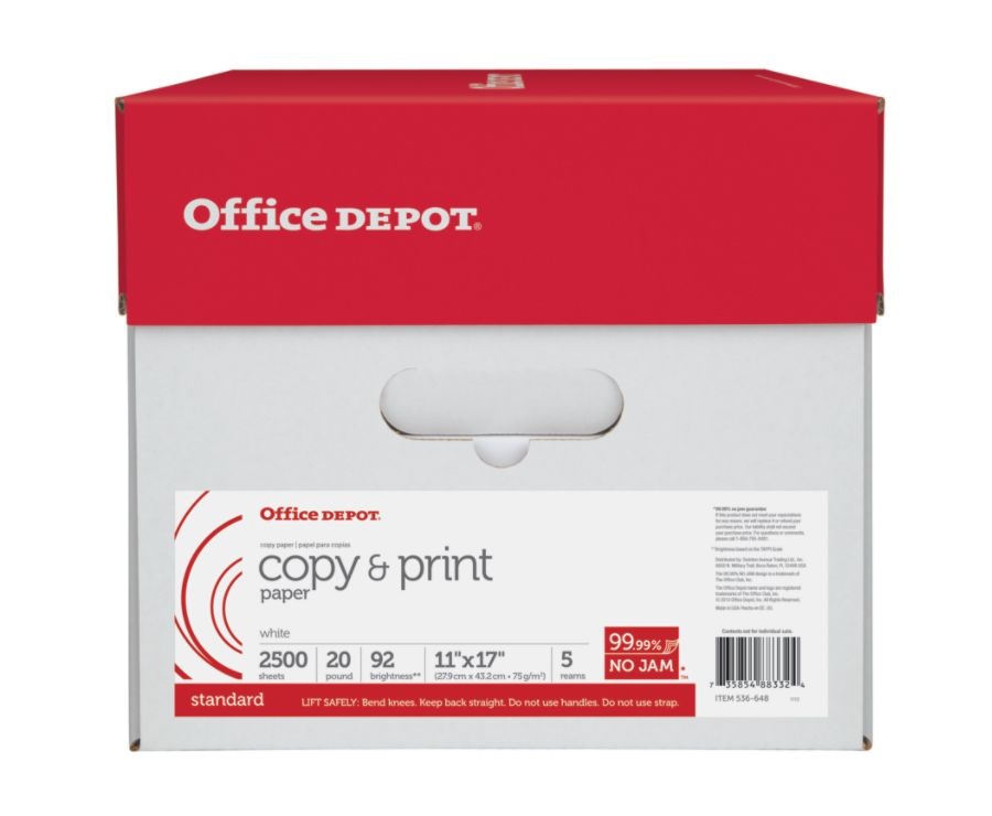 slide 2 of 3, Office Depot Copy And Print Paper, Ledger Size (11'' X 17''), Ream Of 500 Sheets, Case Of 5 Reams, 500 ct