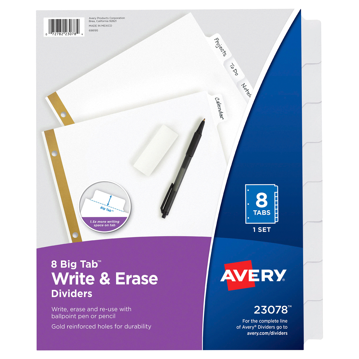 slide 1 of 1, Avery Big Tab Write-On Dividers with Erasable Laminated Tabs, White, 8 ct
