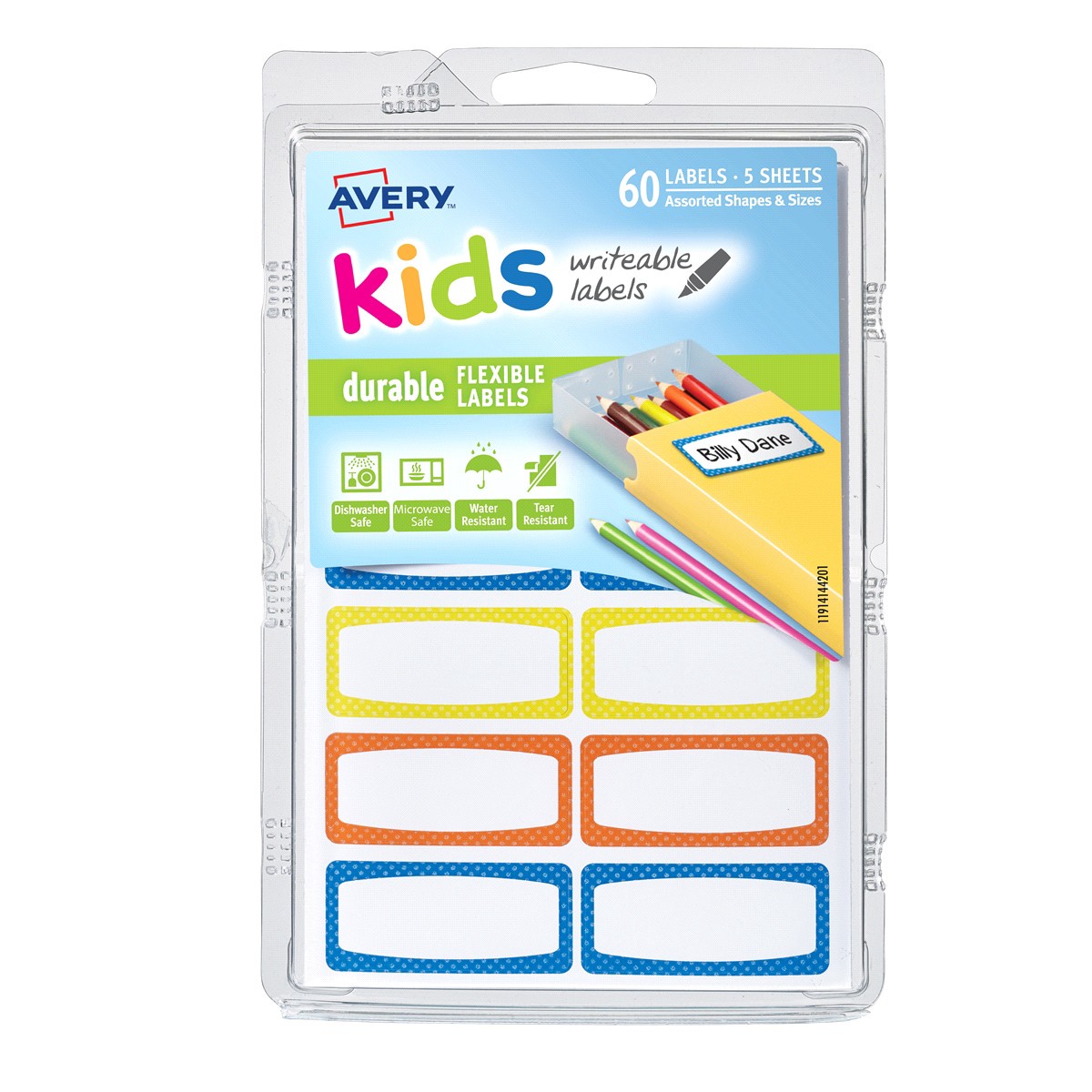 slide 1 of 1, Avery Kids' Durable Labels, 41442, Assorted Colors, 60 ct; 1 3/4 in x 3/4 in