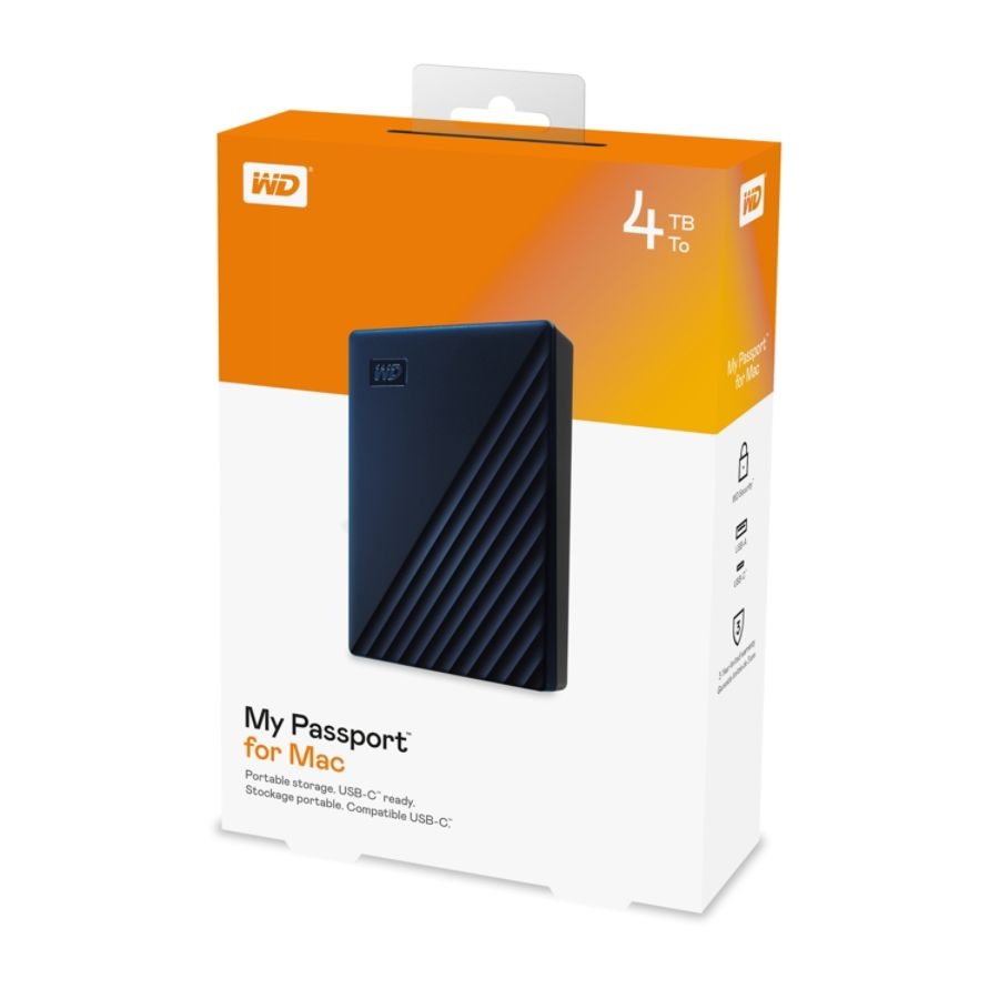 slide 6 of 10, Western Digital My Passport External Portable Hard Drive For Mac, 4Tb, Wdba2F0040Bbl-Wesn, Blue, 1 ct