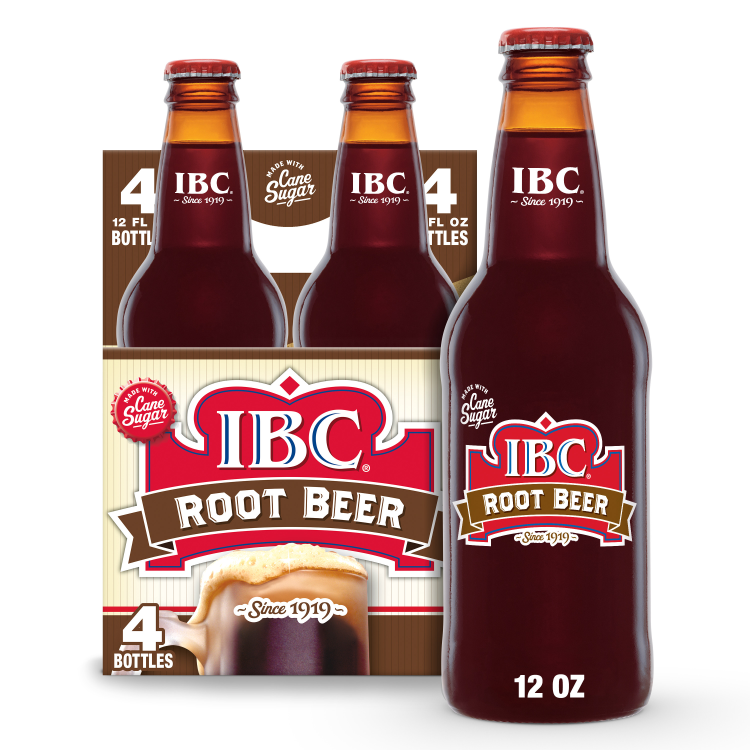 slide 3 of 4, IBC Root Beer Made with Sugar Soda, 12 fl oz glass bottles, 4 pack, 4 ct; 12 fl oz