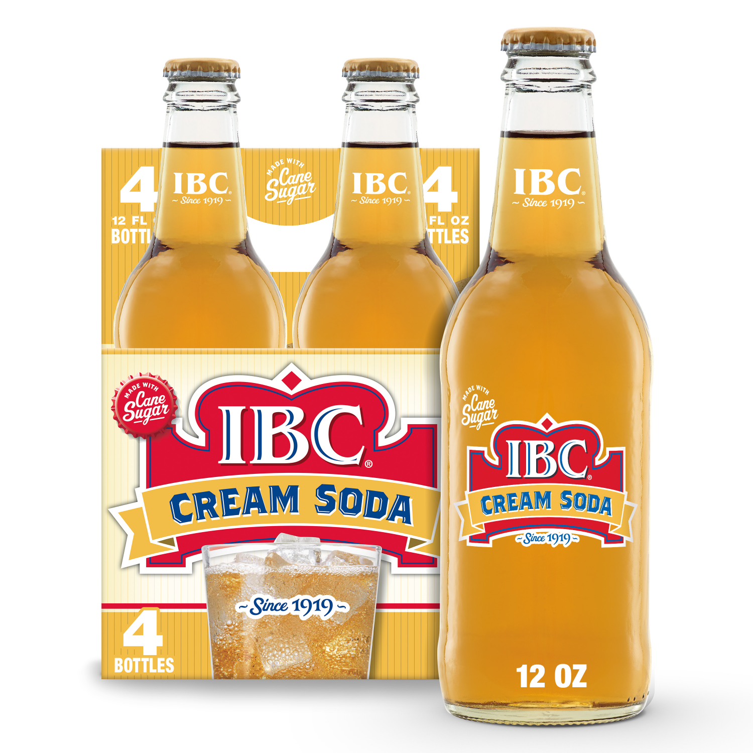 slide 3 of 4, IBC Cream Soda Made with Sugar, 12 fl oz glass bottles, 4 pack, 4 ct; 12 fl oz