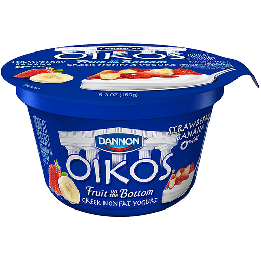slide 1 of 1, Dannon Oikos Fruit On The Bottom Nonfat Greek Yogurt Strawberry Banana 5.3Oz Single Serve, 5.3 oz