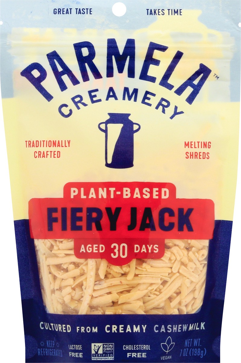 slide 1 of 10, Parmela Creamery Plant-Based Melting Shreds Fiery Jack Cheese 7 oz, 7 oz