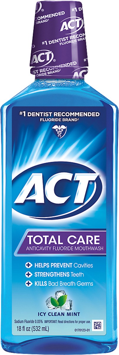 slide 1 of 3, Act Total Care Anticavity Fluoride Icy Clean Mint Mouthwash, 18 oz