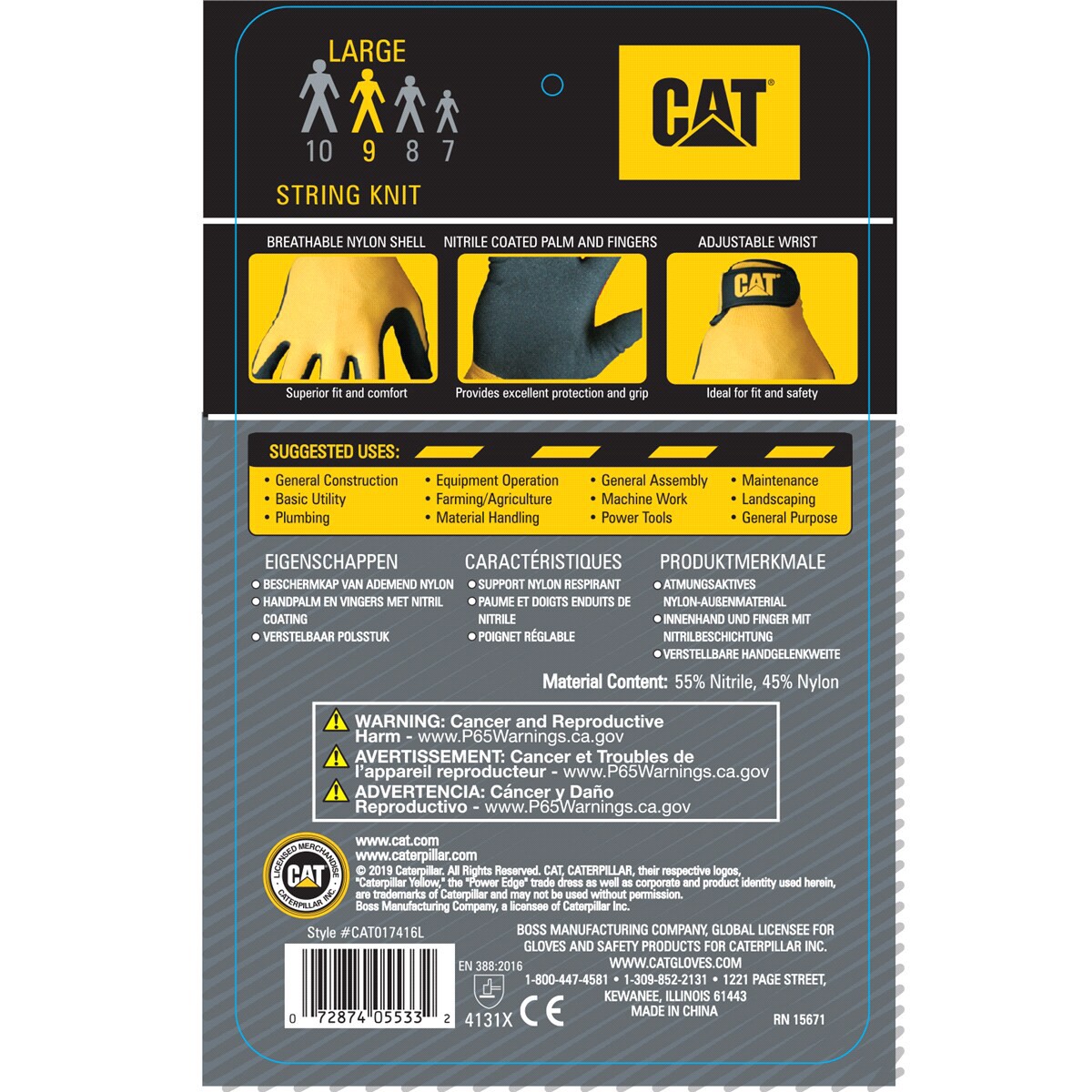 slide 2 of 2, Caterpillar Cat Yellow Nylon Nitrile W/adj Straps Large, 1 ct