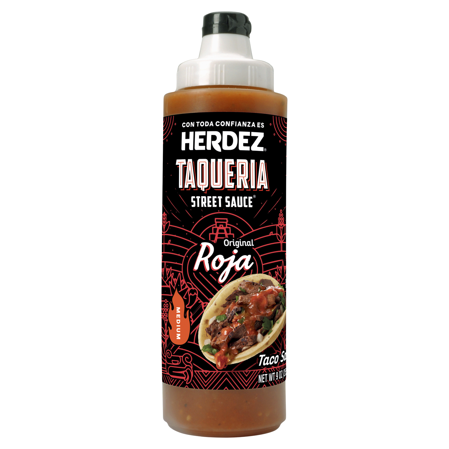 slide 1 of 4, Herdez Medium Original Roja Taqueria Street Taco Sauce™ 9 oz. Squeeze Bottle, 9 oz