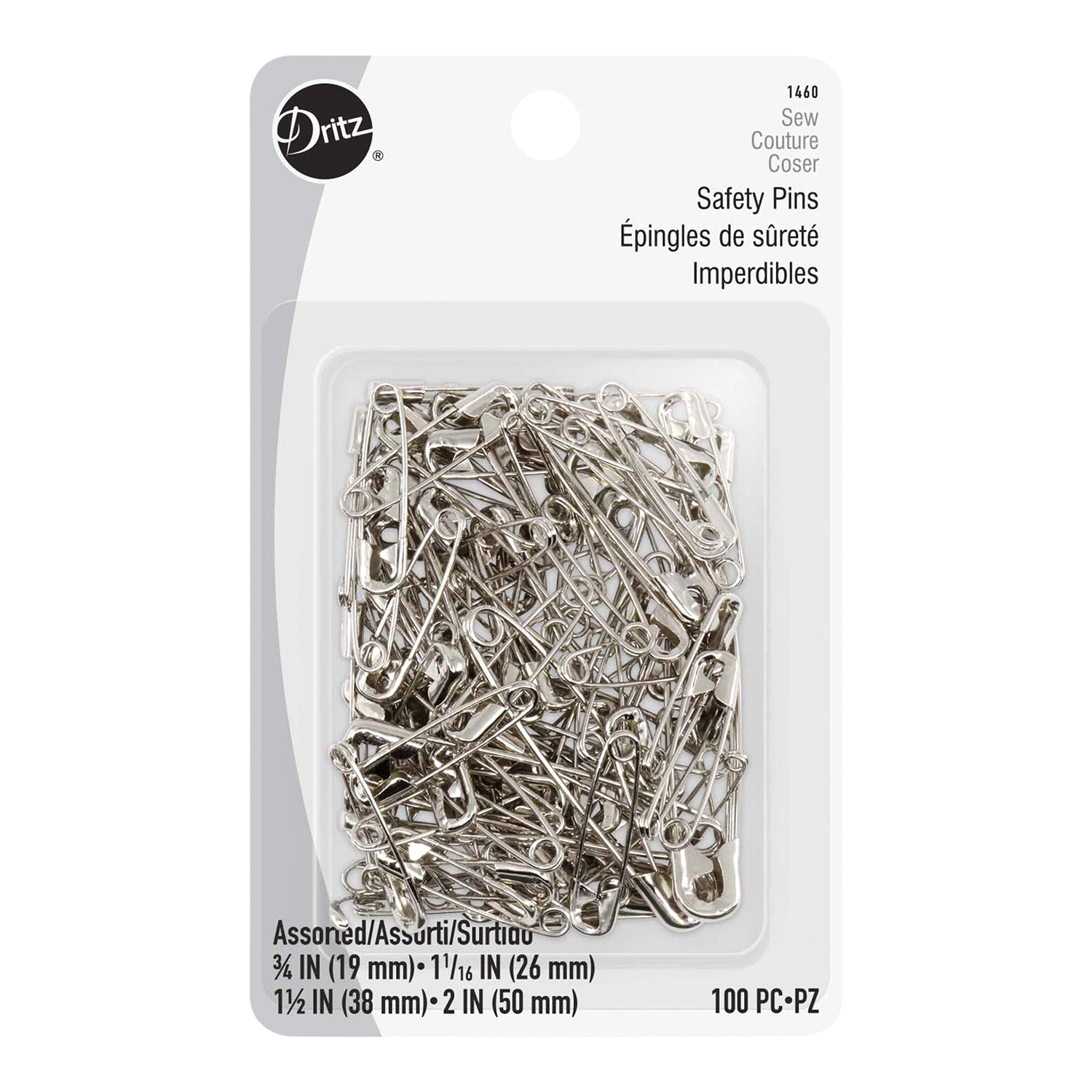 slide 1 of 1, Dritz Pins - Safety Pins, Assorted Sizes - Bonus Pack, 100 ct