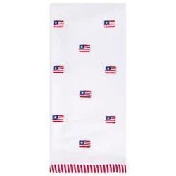 Flag Toss White Velour Embroidered Hand Towel With Stripe End Hem, 16 In X 26 In