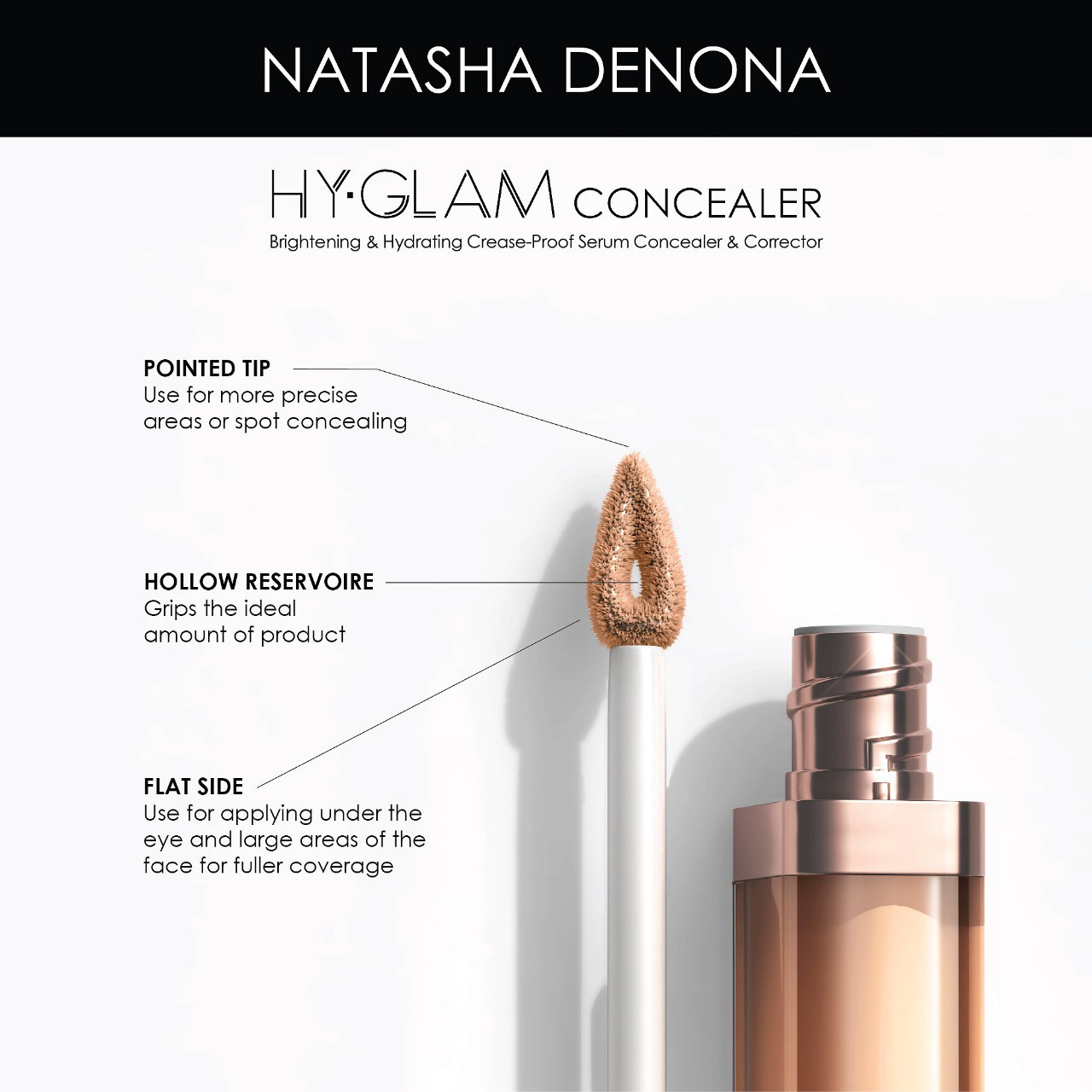 slide 9 of 10, NATASHA DENONA Hy-Glam Brightening & Hydrating Medium to Full Coverage Crease Proof Serum Concealer RN3, 0.25 oz / 7.39 ml