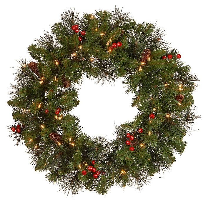slide 1 of 3, National Tree Company Crestwood Spruce Pre-Lit Wreath with Clear Lights, 24 in