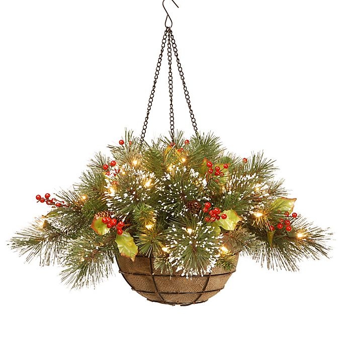 slide 1 of 1, National Tree Company National Tree Wintry Pine Hanging Basket Pre-Lit with 35 Lights, 20 in