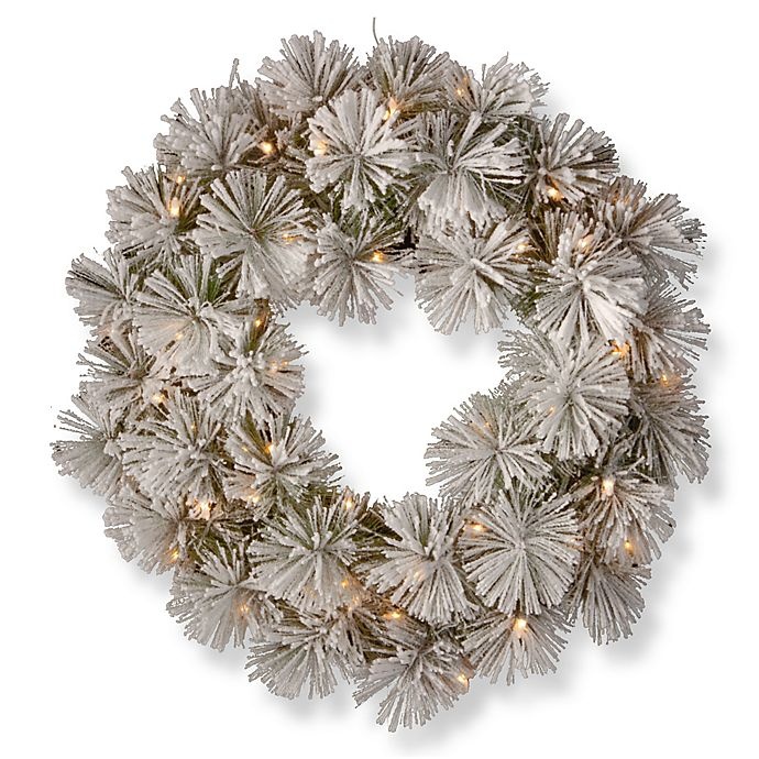 slide 1 of 1, National Tree Company Snowy Bristle Pine Wreath with LED Lights, 24 in