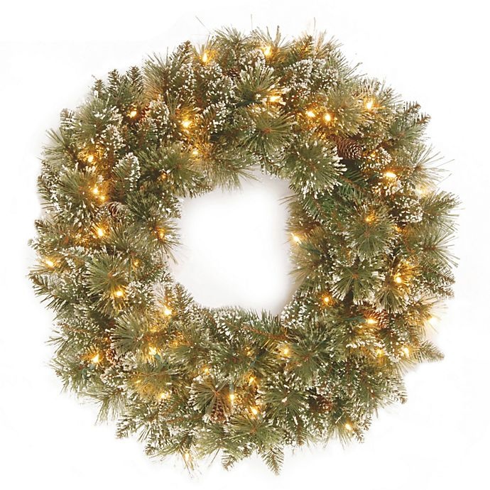 slide 1 of 3, National Tree Company Pre-Lit Glittery Bristle Pine Wreath with Clear Lights, 24 in