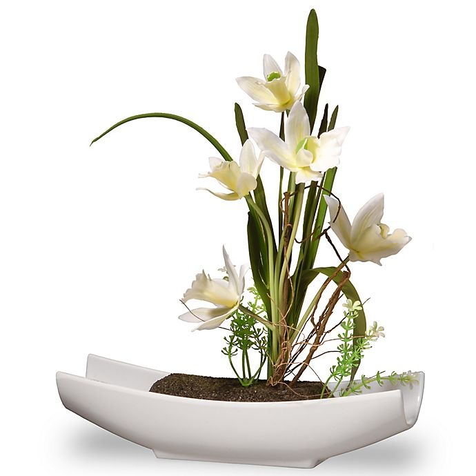 slide 1 of 1, National Tree Company Artificial Orchid Arrangement - Yellow with White Planter, 11 in