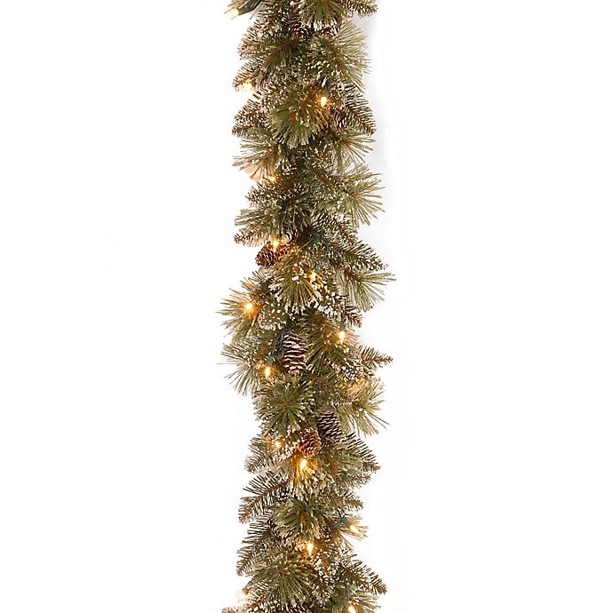 slide 1 of 2, National Tree Company Pre-Lit Glittery Bristle Pine Garland with Soft White LED Lights, 6 ft