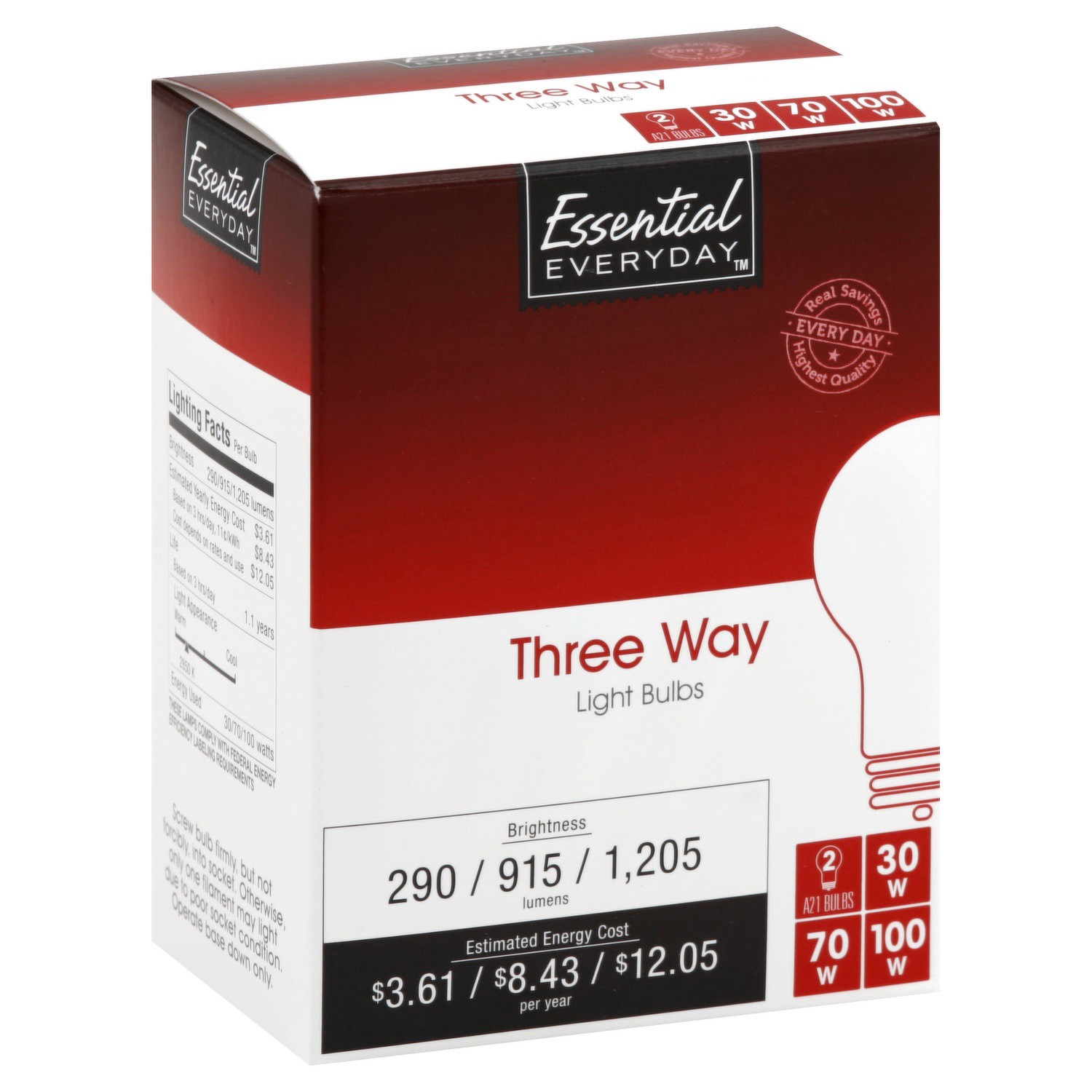 slide 1 of 1, Essential Everyday Light Bulbs, Three Way, 2 Each, 2 ct